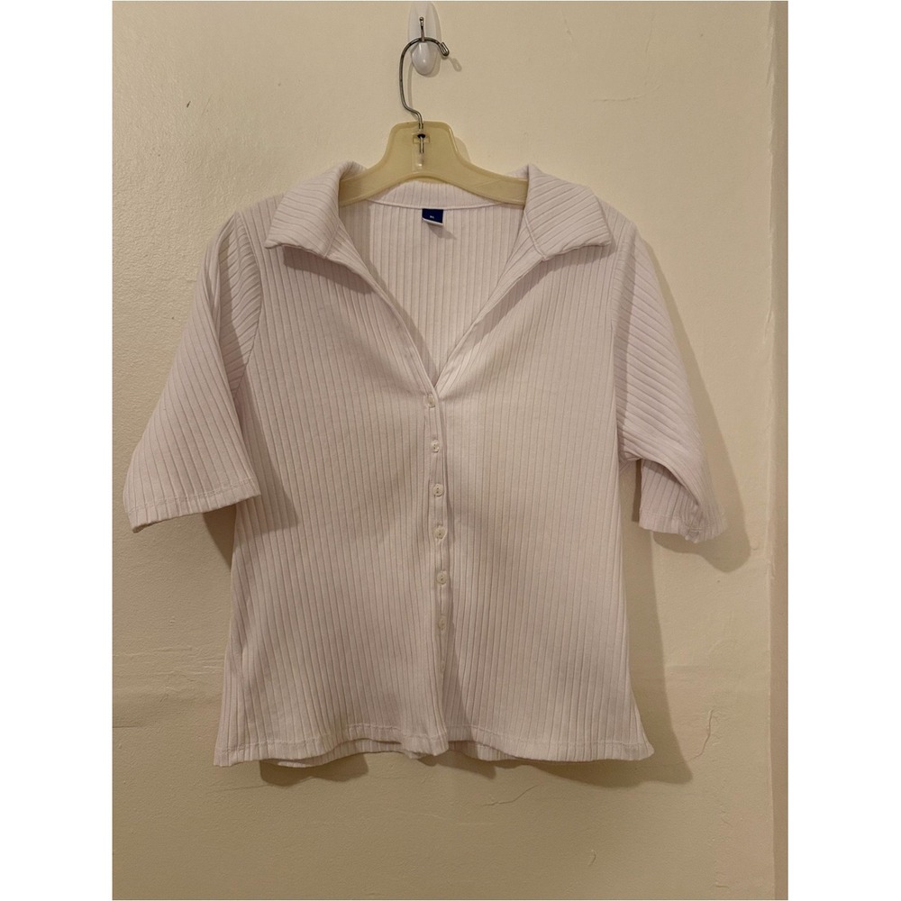 Old Navy White Ribbed Short Sleeve Button-Up Top Size XL